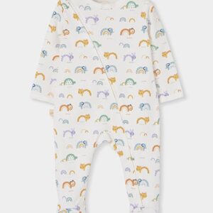 Baby animal and rainbow print white sleepsuit