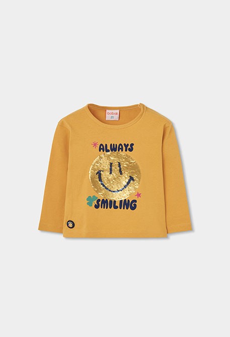 Girl's yellow knitted T-shirt with smiley sequins