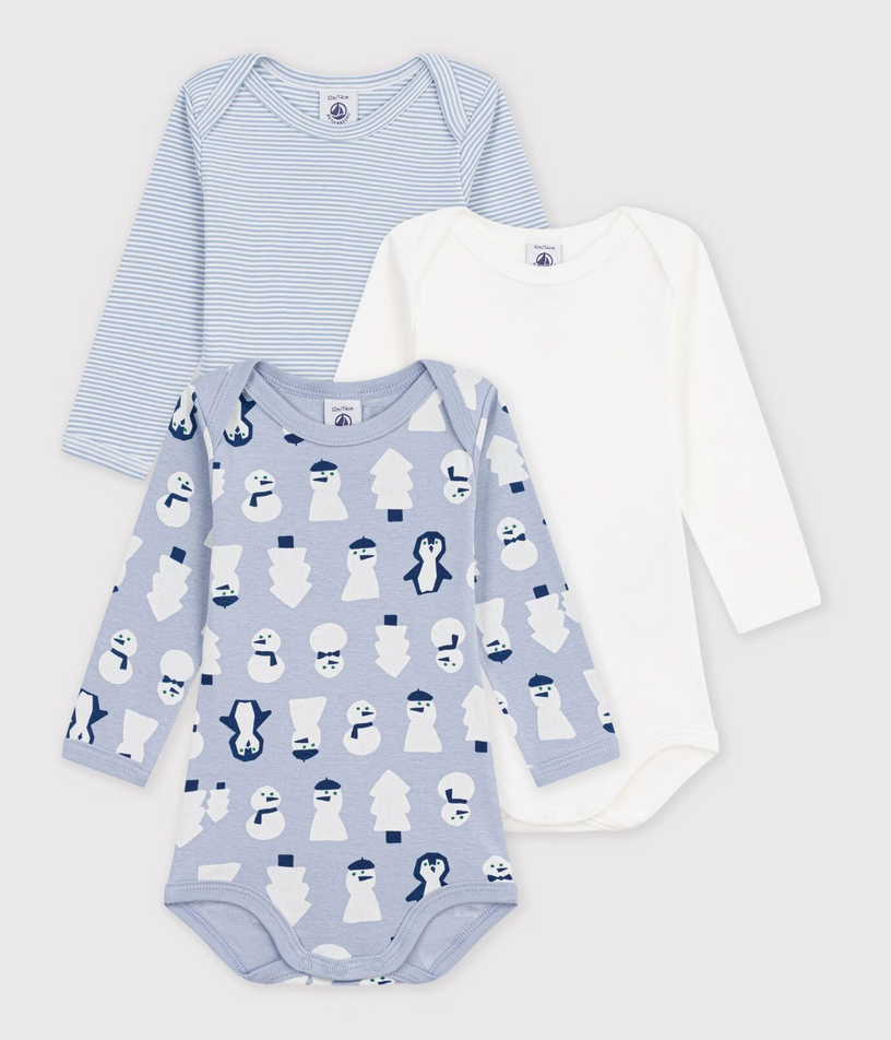 Pack of long-sleeved bodysuits in snowman-print cotton