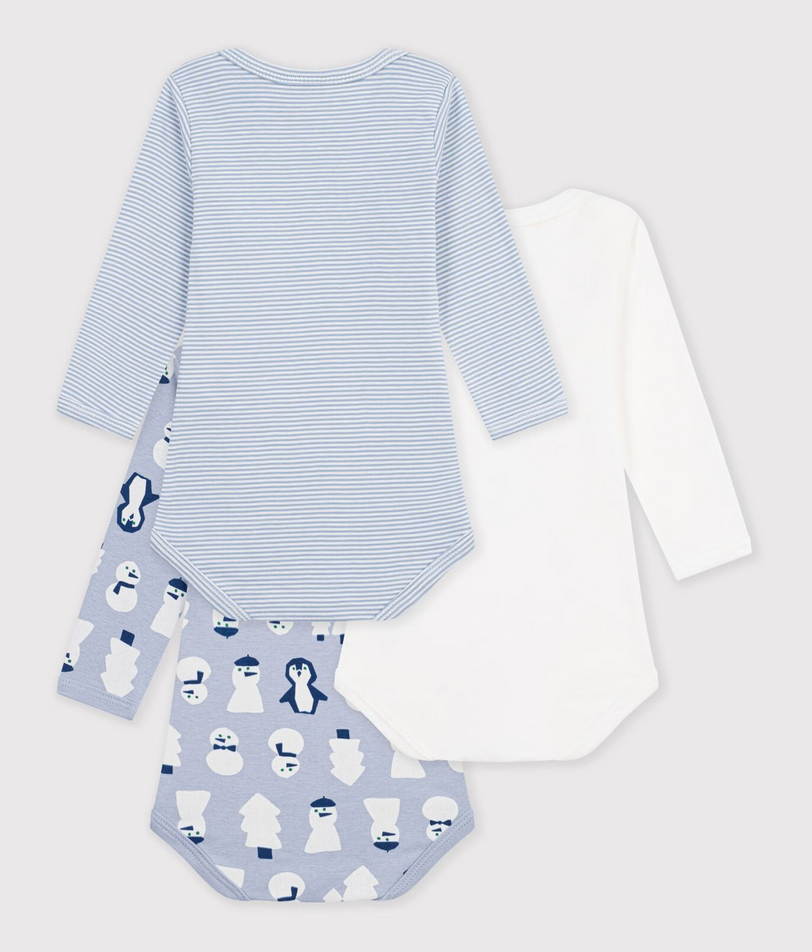 Petit Bateau - Pack of long-sleeved bodysuits in snowman-print cotton