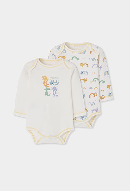 Pack of 2 white baby bodysuits with animal print