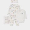 Pack of white knitted baby set with rainbow and animal print