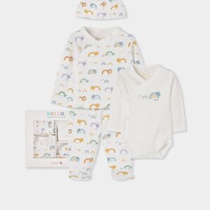 Pack of white knitted baby set with rainbow and animal print