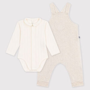 Petit Bateau - Baby's cotton dungarees and bodysuit set with plain collar