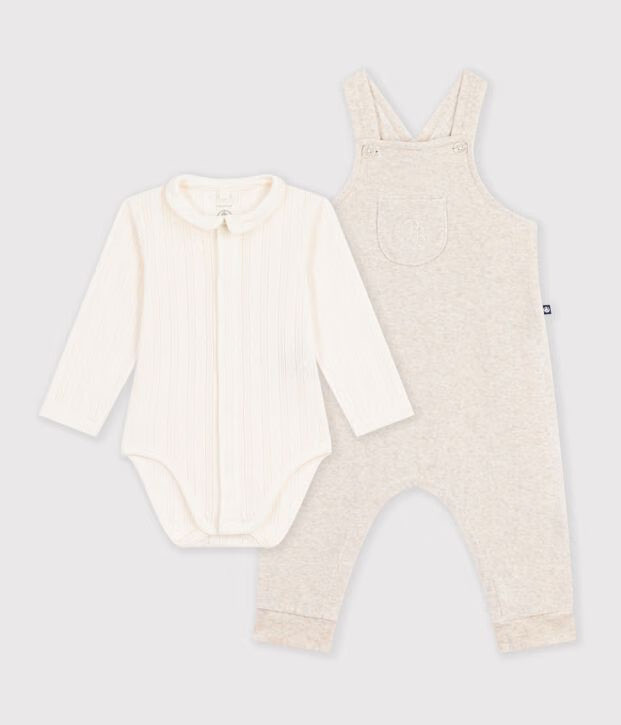Baby's cotton dungarees and bodysuit set with plain collar