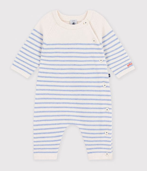 Striped Wool and Cotton Knit Baby Bodysuit